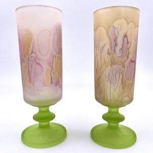 Satin Art Glass Champagne Flutes 2 Painted Frosted Green Textured Stems Cordial